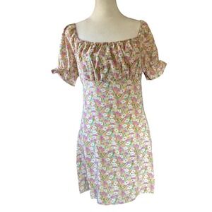Pink Lily Women‎ Floral Babydoll Puff Sleeve Mini Dress Medium Coquette Milkmaid